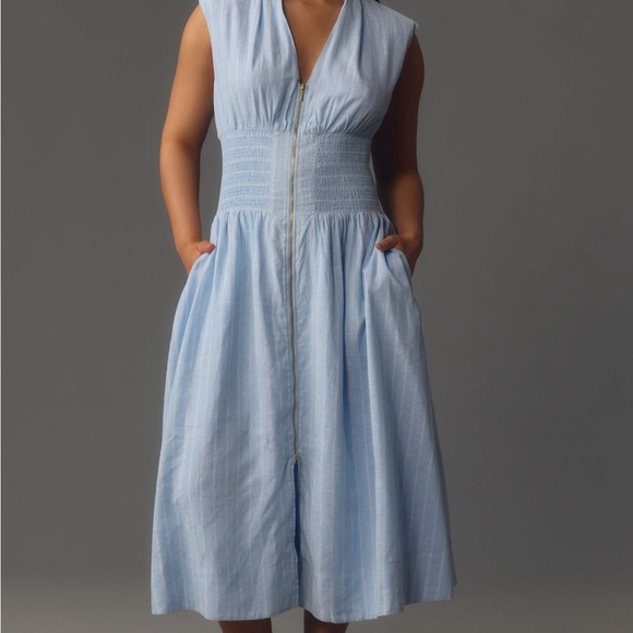 The Tommie Cap-Sleeve Smocked Front Zip Shirt Dress: Linen Addition - Picture 3 of 7